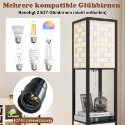 2-Flammige Stehleuchte mit 2 Regalen & Fußschalter Stehlampe Holzregal-Lampe