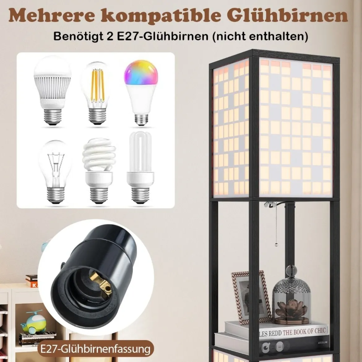 2-Flammige Stehleuchte mit 2 Regalen & Fußschalter Stehlampe Holzregal-Lampe