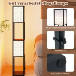 2-Flammige Stehleuchte mit 2 Regalen & Fußschalter Stehlampe Holzregal-Lampe