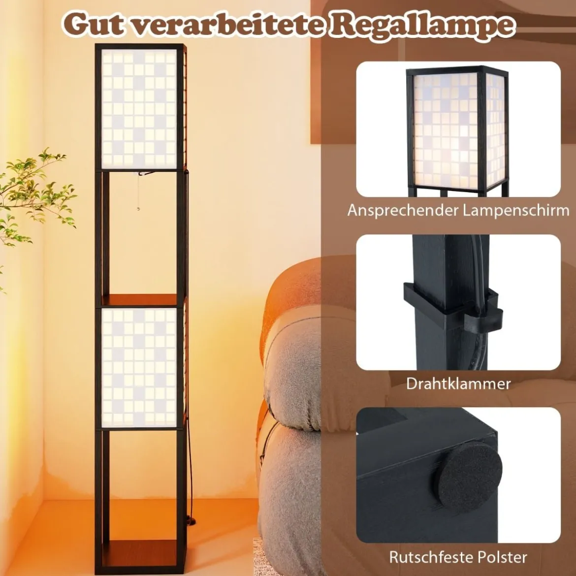 2-Flammige Stehleuchte mit 2 Regalen & Fußschalter Stehlampe Holzregal-Lampe