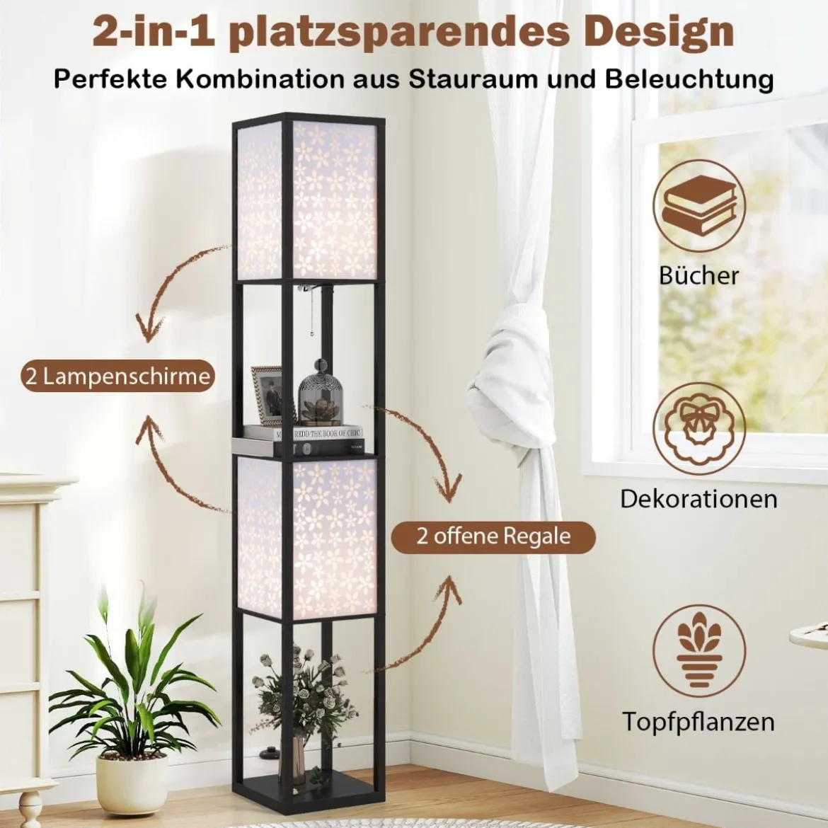 2-Flammige Stehleuchte mit 2 Regalen Stehlampe mit 2 ausgeschnittenen Muster-Lampenschirmen Blumen
