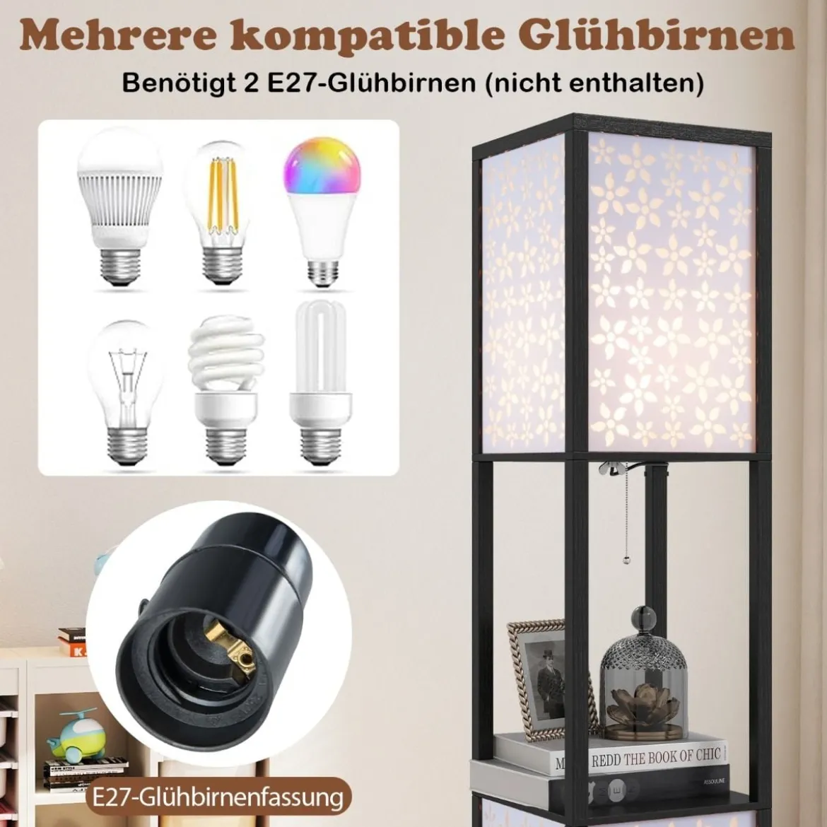 2-Flammige Stehleuchte mit 2 Regalen Stehlampe mit 2 ausgeschnittenen Muster-Lampenschirmen Blumen