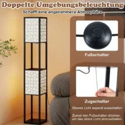 2-Flammige Stehleuchte mit 2 Regalen Stehlampe mit 2 ausgeschnittenen Muster-Lampenschirmen Blumen