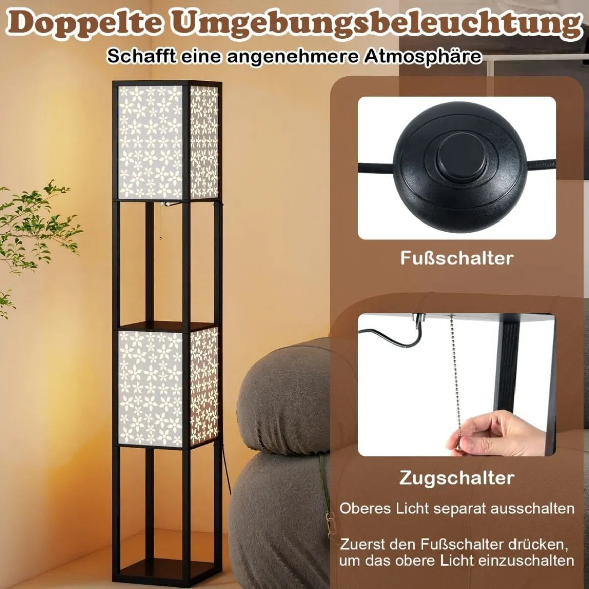 2-Flammige Stehleuchte mit 2 Regalen Stehlampe mit 2 ausgeschnittenen Muster-Lampenschirmen Blumen