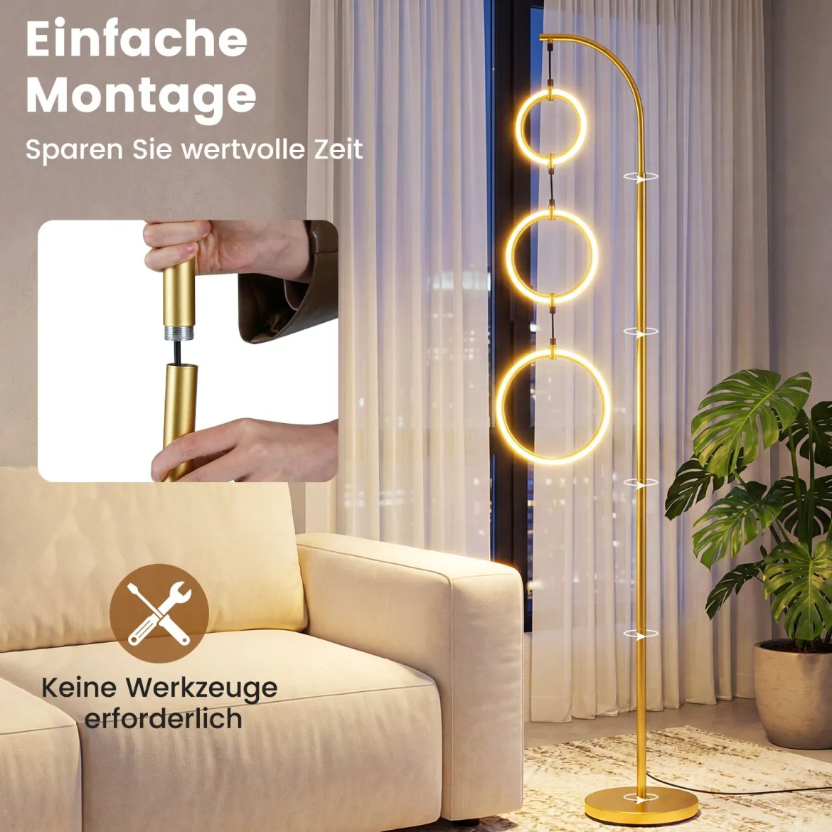 3 Flammig LED Stehleuchte Leselampe mit 3 Hängenden Lampenringen & Fußschalter Standleuchte