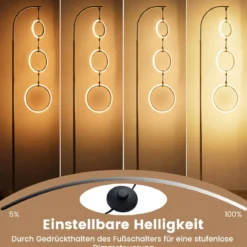 3 Flammig LED Stehleuchte Leselampe mit 3 Hängenden Lampenringen & Fußschalter Standleuchte