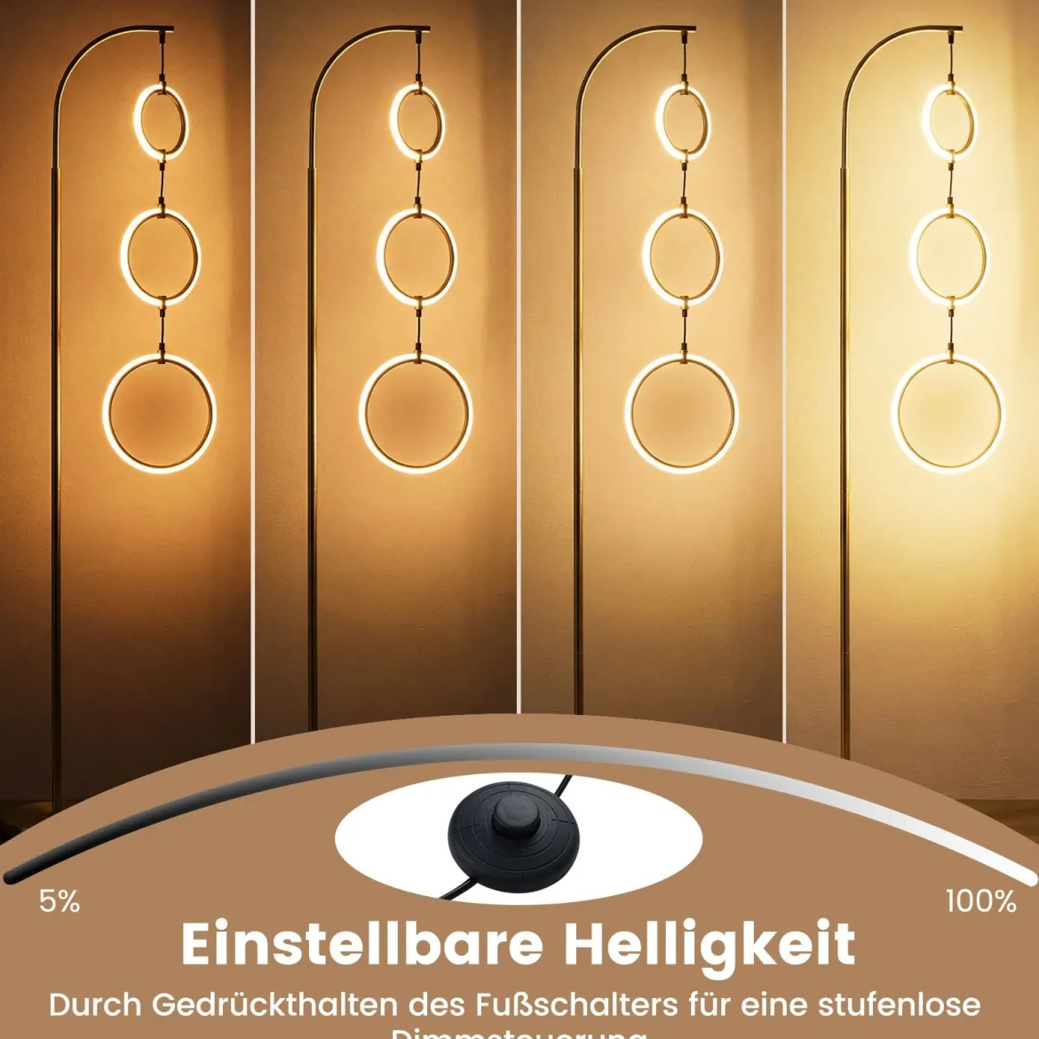 3 Flammig LED Stehleuchte Leselampe mit 3 Hängenden Lampenringen & Fußschalter Standleuchte