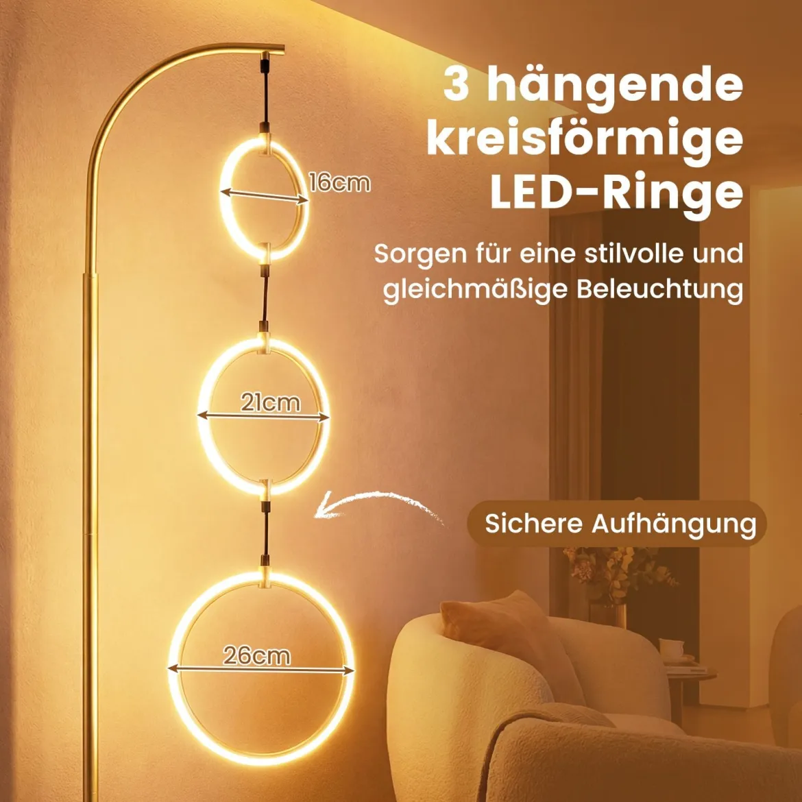 3 Flammig LED Stehleuchte Leselampe mit 3 Hängenden Lampenringen & Fußschalter Standleuchte