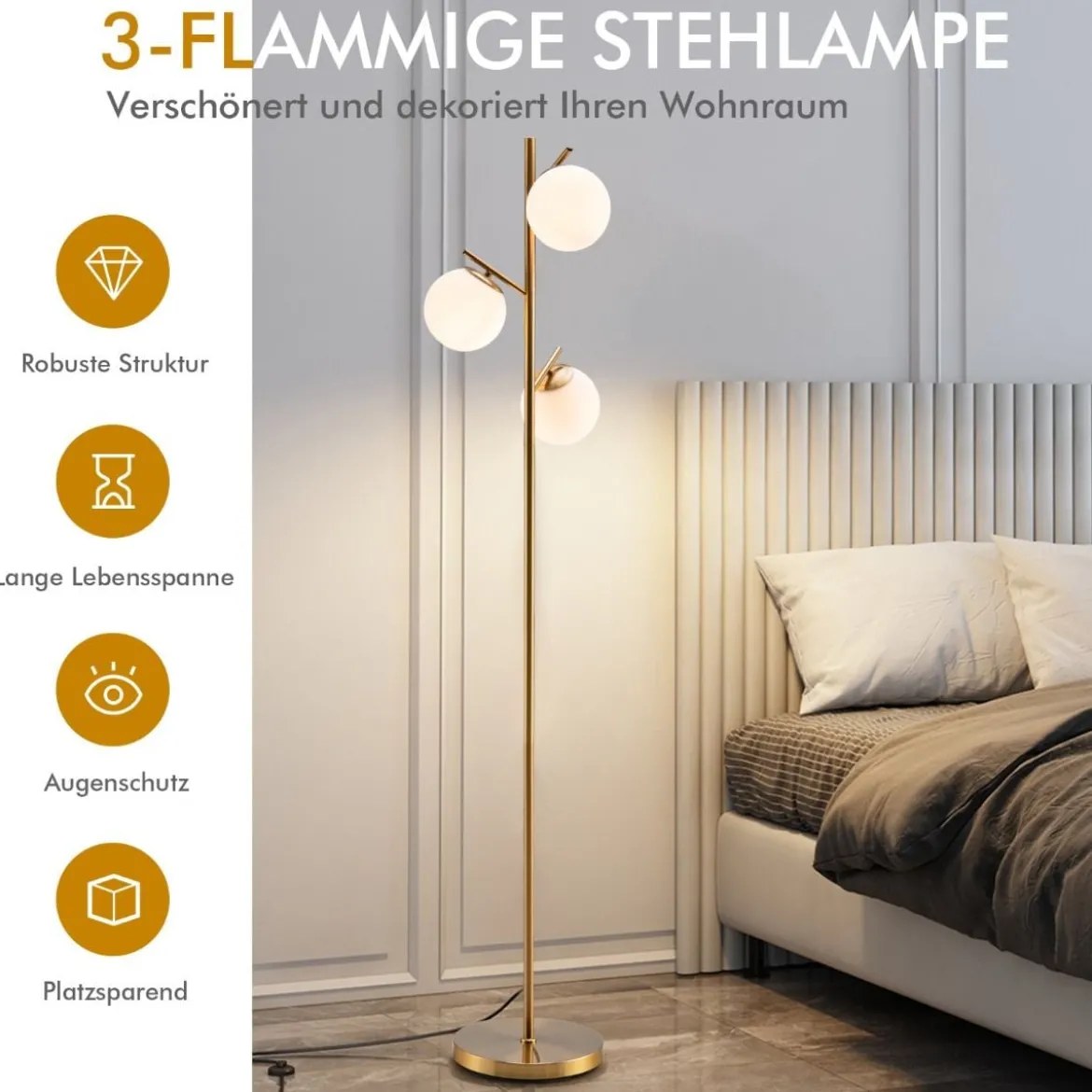 3-flammig Stehlampe mit Praktischem Fußschalter & E27-Glühlampensockel Leselampe