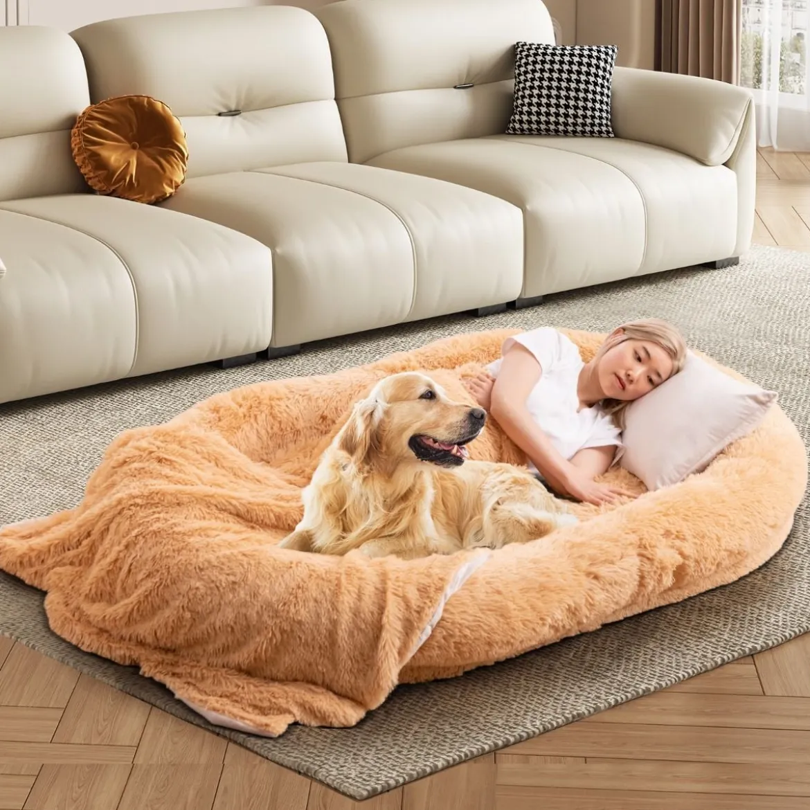 Flauschiges Hundebett für Menschen & Hunde mit Waschbare Hundedecke abnehmbarem Bezug Riemen 171 x 115 cm