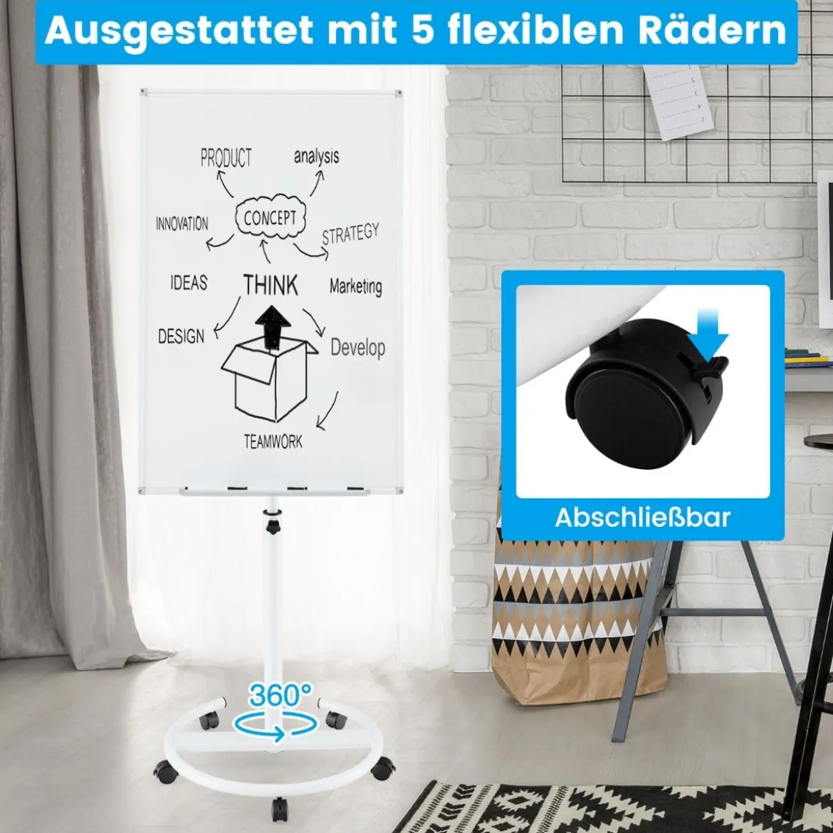 Flipchart Ständer auf Rollen mit Magneten & Markern Höhenverstellbares Whiteboard Weiß
