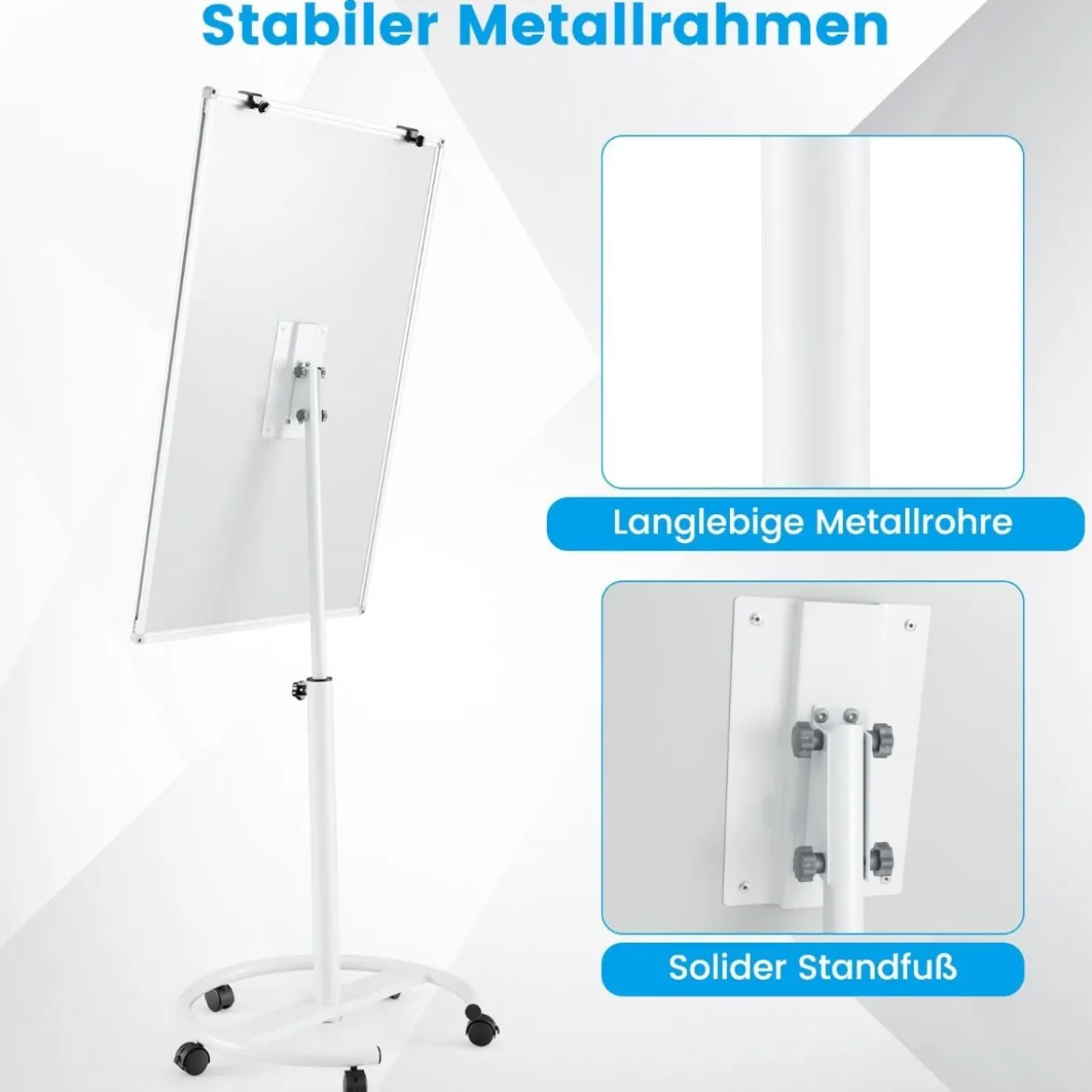 Flipchart Ständer auf Rollen mit Magneten & Markern Höhenverstellbares Whiteboard Weiß