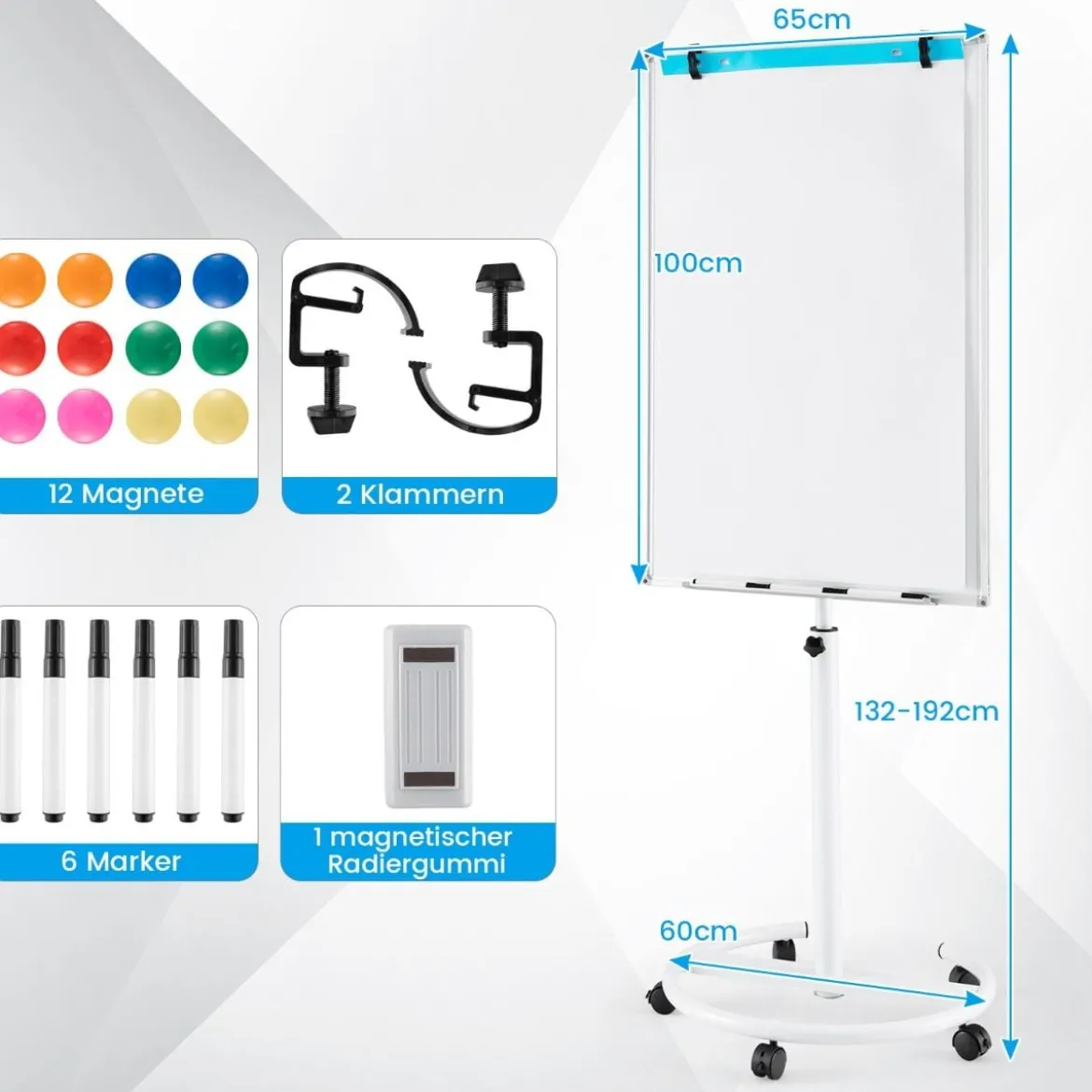 Flipchart Ständer auf Rollen mit Magneten & Markern Höhenverstellbares Whiteboard Weiß