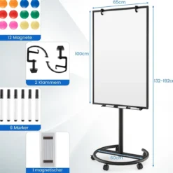 Flipchart Ständer auf Rollen mit Magneten & Markern Whiteboard Höhenverstellbar bis 192 cm
