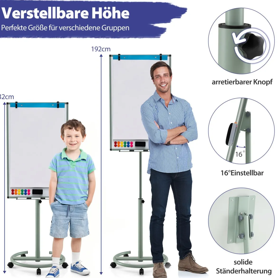 Flipchart Ständer auf Rollen mit Magneten & Markern Höhenverstellbares Whiteboard Grün