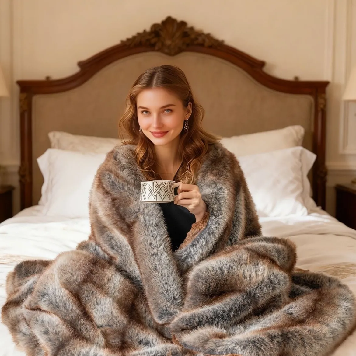 Fluffige Kunstfell-Wohndecke weicher Plüsch kuschelige Kunstmarderfell-Decke Braun-Taupe153 x 203 cm
