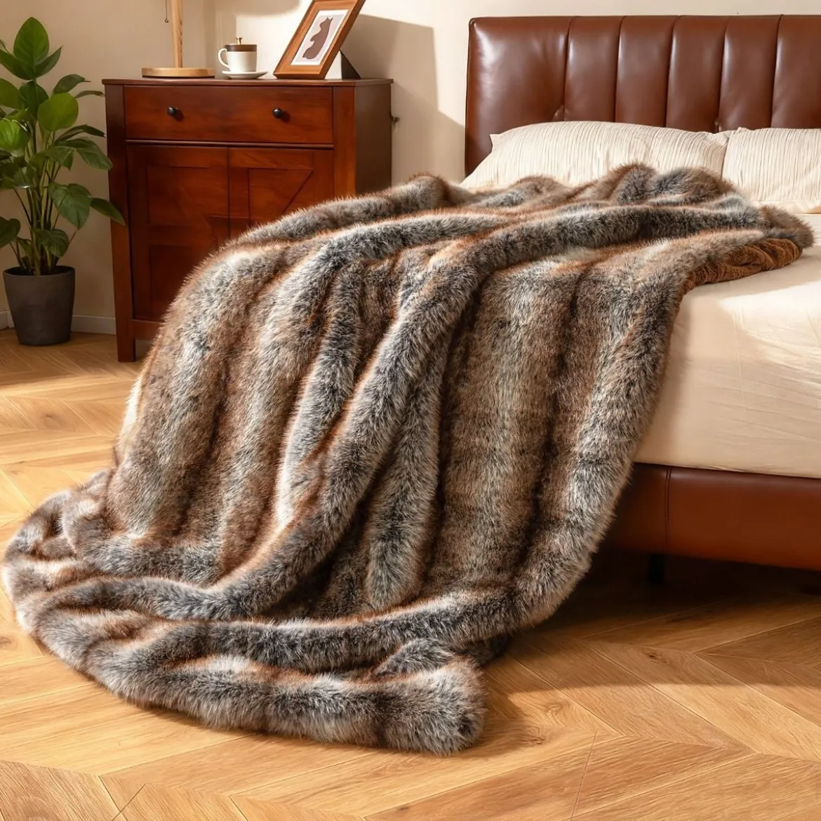 Fluffige Kunstfell-Wohndecke weicher Plüsch kuschelige Kunstmarderfell-Decke Braun-Taupe153 x 203 cm