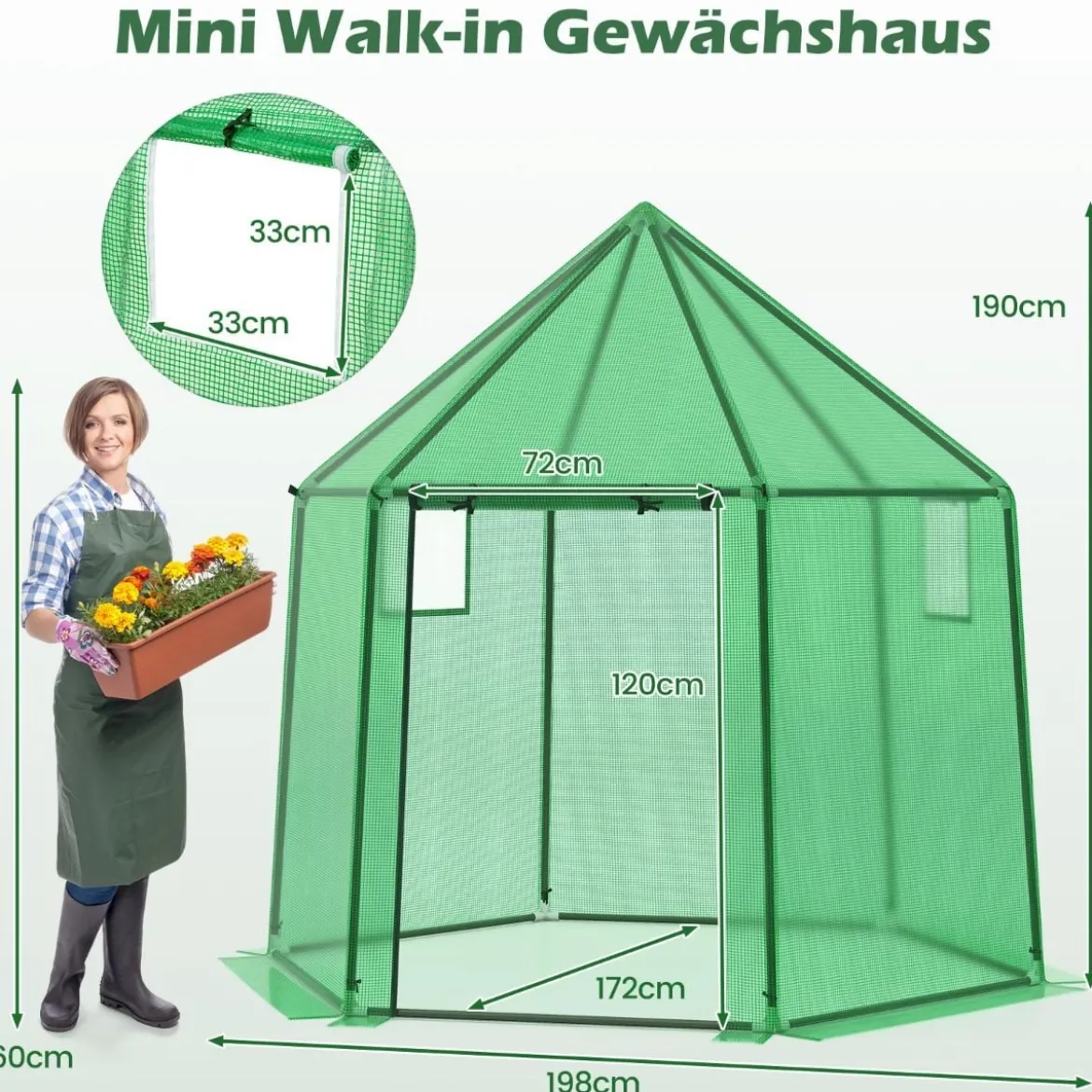 Foliengewächshaus mit Allwetter-PE-Abdeckung & Rolltür & Fenster Gewächshaus Treibhaus