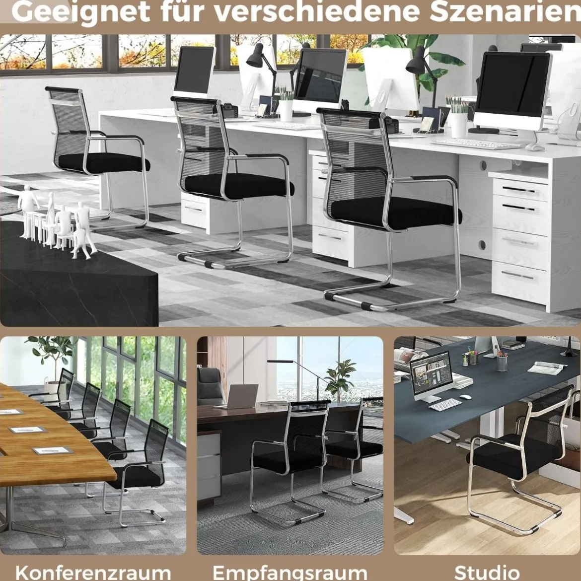 Freischwinger Stühle 4er Set stapelbare Schwingstühle mit Metallkufenbasis und Armlehne Bürostühle Schwarz