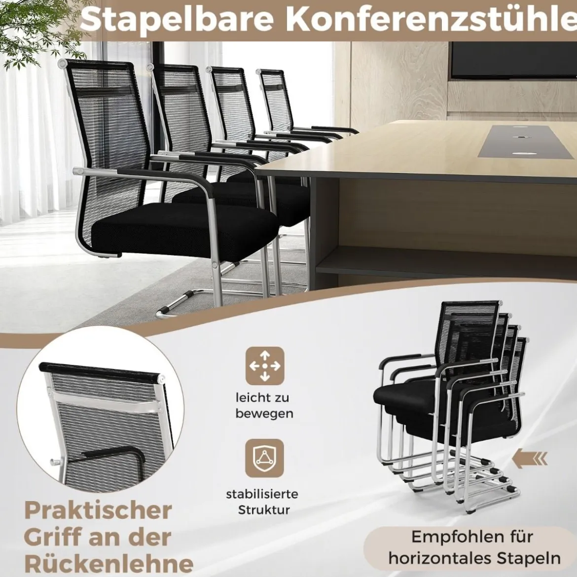 Freischwinger Stühle 4er Set stapelbare Schwingstühle mit Metallkufenbasis und Armlehne Bürostühle Schwarz