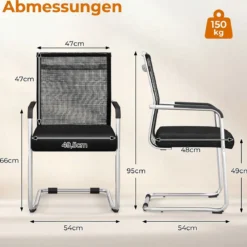 Freischwinger Stühle 2er Set Stapelbare Schwingstühle mit Metallkufenbasis und Armlehne Bürostühle Schwarz