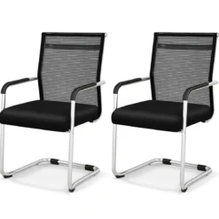 Freischwinger Stühle 2er Set Stapelbare Schwingstühle mit Metallkufenbasis und Armlehne Bürostühle Schwarz
