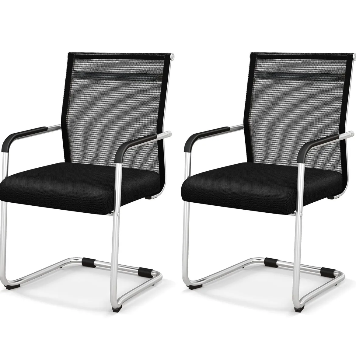 Freischwinger Stühle 2er Set Stapelbare Schwingstühle mit Metallkufenbasis und Armlehne Bürostühle Schwarz