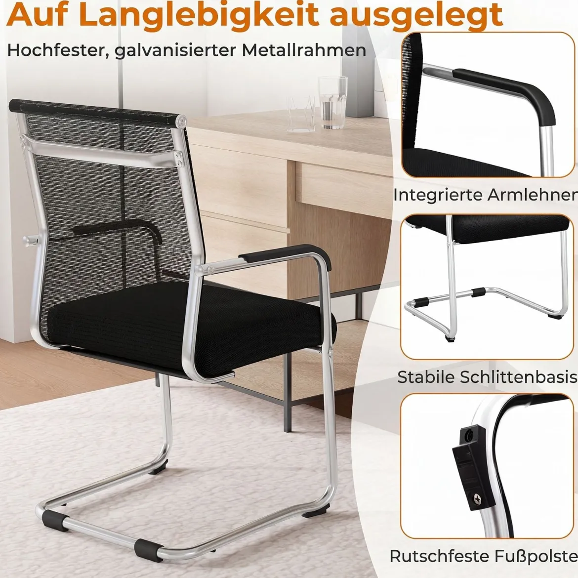 Freischwinger Stühle 2er Set Stapelbare Schwingstühle mit Metallkufenbasis und Armlehne Bürostühle Schwarz