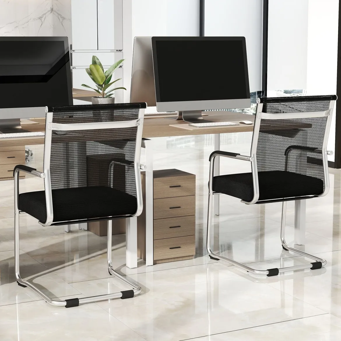 Freischwinger Stühle 2er Set Stapelbare Schwingstühle mit Metallkufenbasis und Armlehne Bürostühle Schwarz