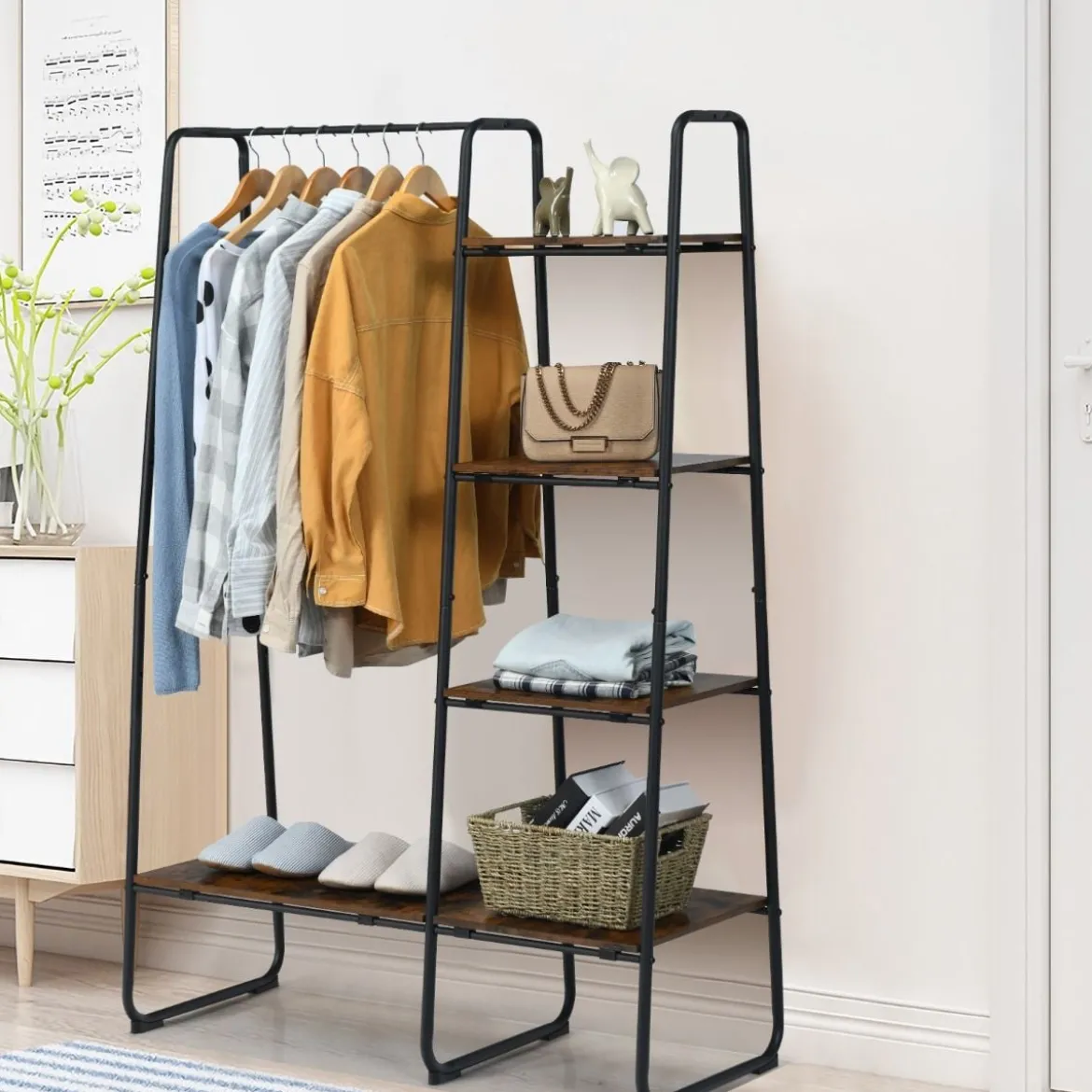 Freistehende Garderobe Kleiderständer aus Metall mit Regalen 100 x 40 x 150 cm