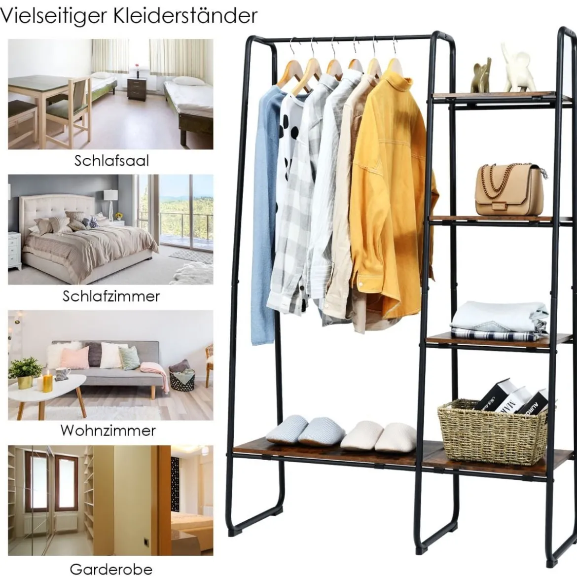 Freistehende Garderobe Kleiderständer aus Metall mit Regalen 100 x 40 x 150 cm