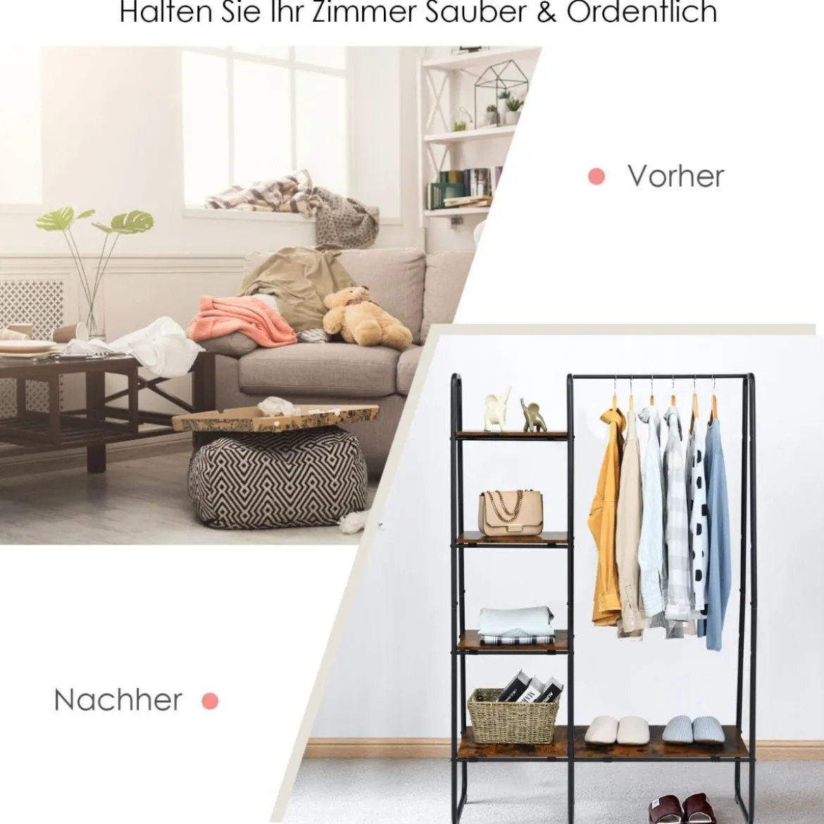 Freistehende Garderobe Kleiderständer aus Metall mit Regalen 100 x 40 x 150 cm