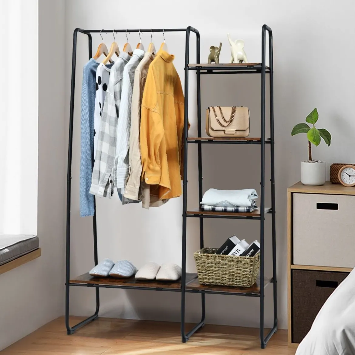 Freistehende Garderobe Kleiderständer aus Metall mit Regalen 100 x 40 x 150 cm
