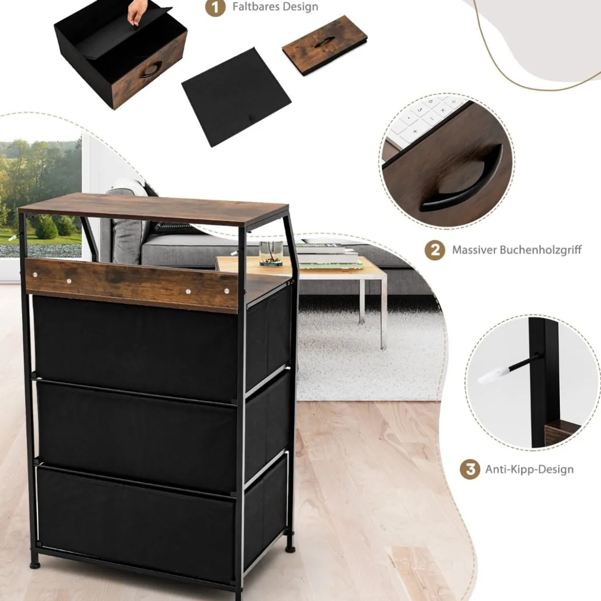 Freistehender Aufbewahrungsschrank mit 3 Schubladen und Ablage 45 x 30 x 92 cm Rustikales Braun
