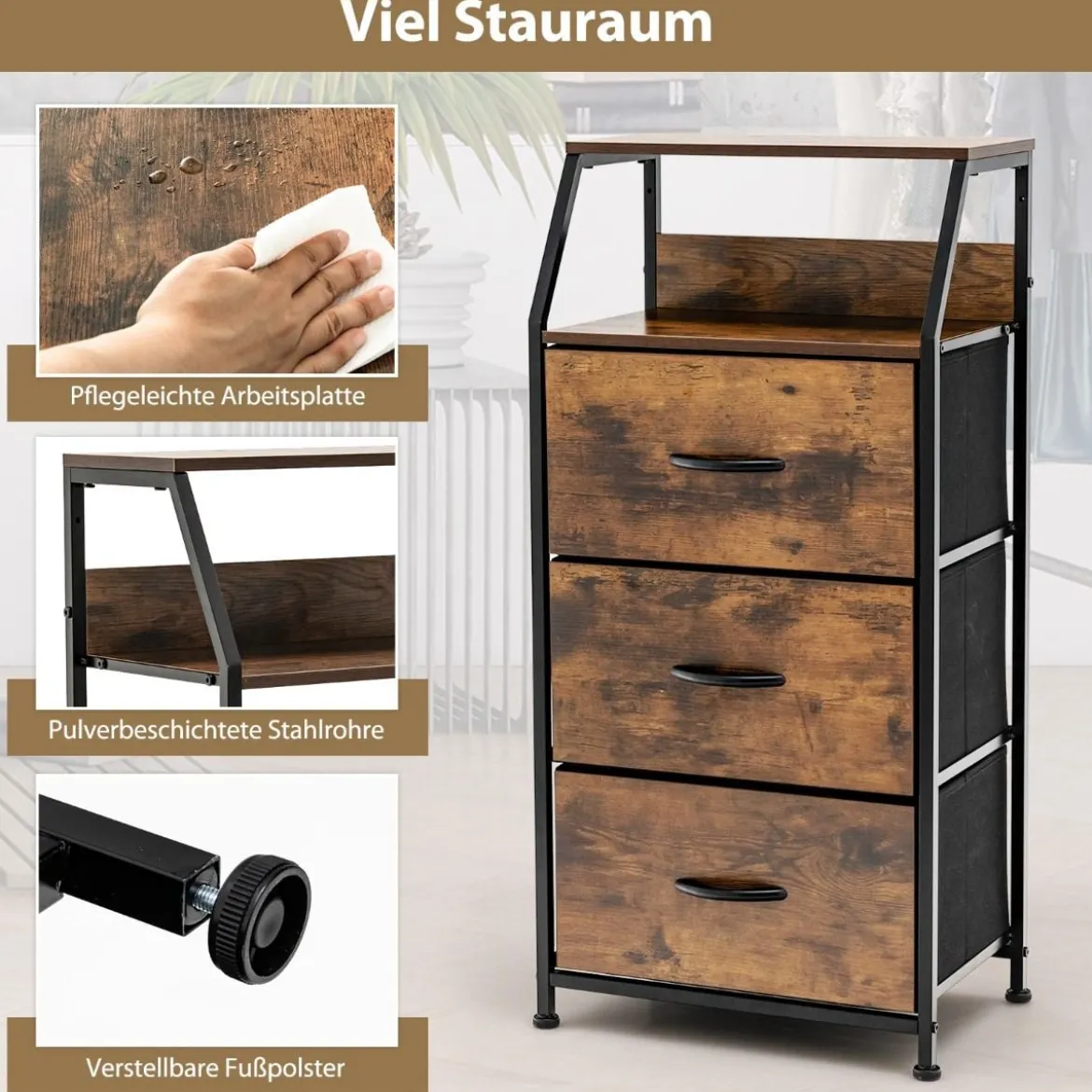 Freistehender Aufbewahrungsschrank mit 3 Schubladen und Ablage 45 x 30 x 92 cm Rustikales Braun