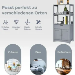 Freistehender Badezimmerschrank mit 2 Türen & 3 offenen Regalen & Schublade Hochschrank Grau