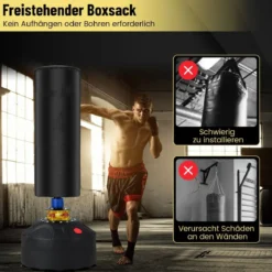 Freistehender Boxsack 173cm Standboxsack mit Boxhandschuhen & Saugfuß 50 x 50 x 173 cm Schwarz