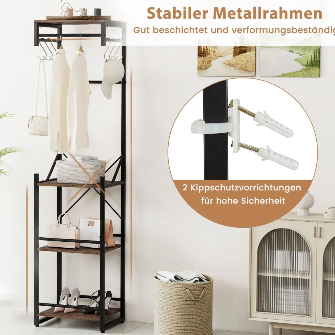 Freistehender Garderobenständer schlanker Hallbaum mit 4 Ablageflächen 6 Haken & 3 Kleiderstangen Braun