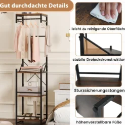 Freistehender Garderobenständer schlanker Hallbaum mit 4 Ablageflächen 6 Haken & 3 Kleiderstangen Braun