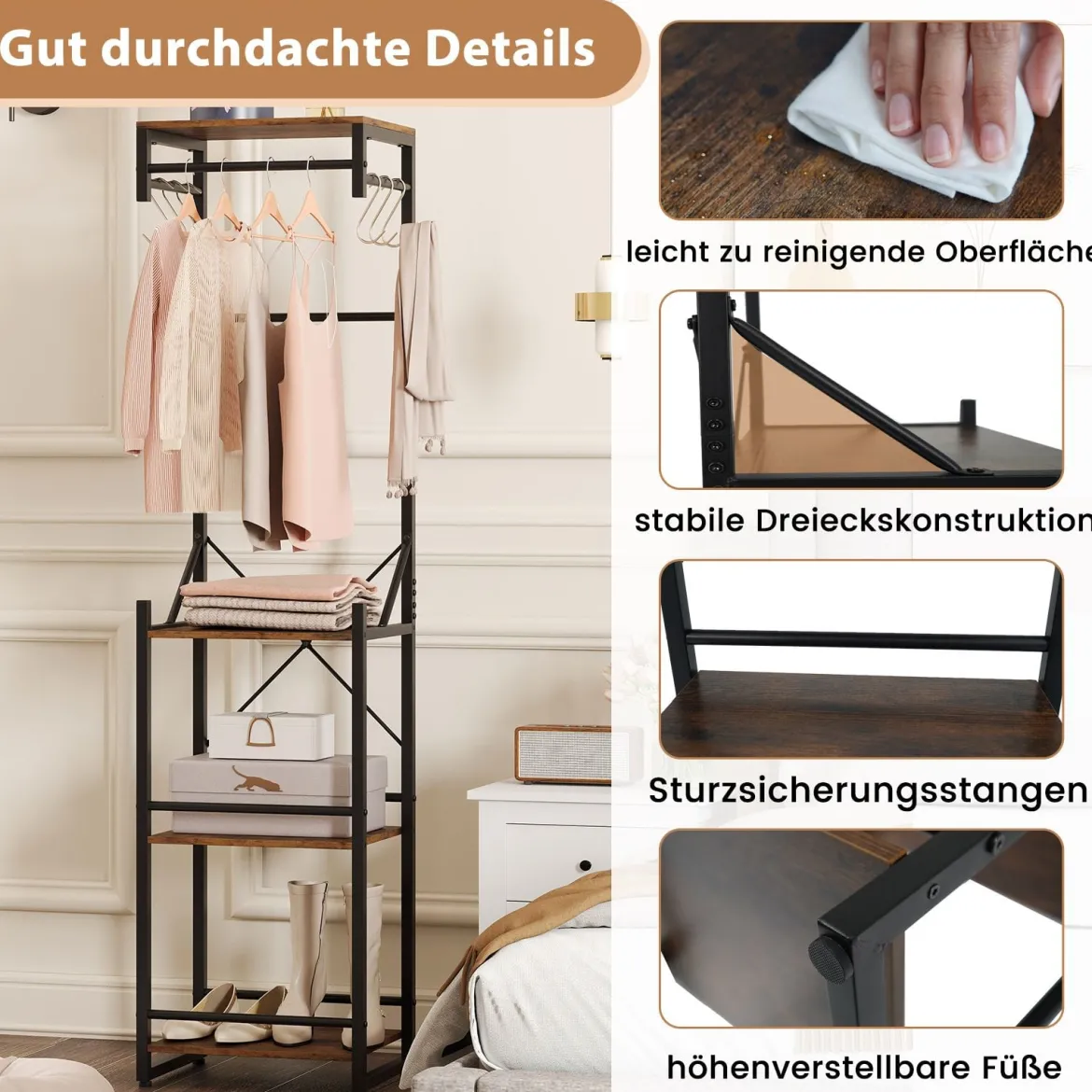 Freistehender Garderobenständer schlanker Hallbaum mit 4 Ablageflächen 6 Haken & 3 Kleiderstangen Braun