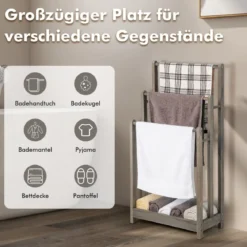 Freistehender Handtuchhalter aus Holz mit 3 Handtuchstangen & Unterer Ablage & Kippschutz