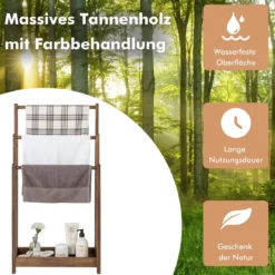 Freistehender Handtuchhalter aus Holz mit 3 Handtuchstangen & Unterer Ablage & Kippschutz