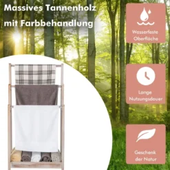 Freistehender Handtuchhalter aus Holz mit 3 Handtuchstangen & Unterer Ablage & Kippschutz