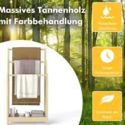 Freistehender Handtuchhalter aus Holz mit 3 Handtuchstangen & Unterer Ablage & Kippschutz