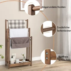 Freistehender Handtuchhalter aus Holz mit 3 Handtuchstangen & Unterer Ablage & Kippschutz