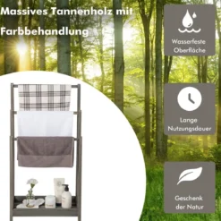 Freistehender Handtuchhalter aus Holz mit 3 Handtuchstangen & Unterer Ablage & Kippschutz