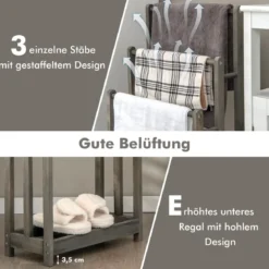 Freistehender Handtuchhalter aus Holz mit 3 Handtuchstangen & Unterer Ablage & Kippschutz