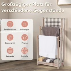 Freistehender Handtuchhalter aus Holz mit 3 Handtuchstangen & Unterer Ablage & Kippschutz