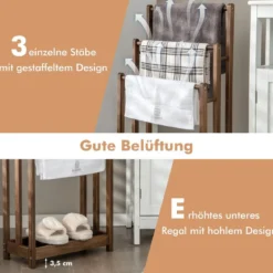 Freistehender Handtuchhalter aus Holz mit 3 Handtuchstangen & Unterer Ablage & Kippschutz
