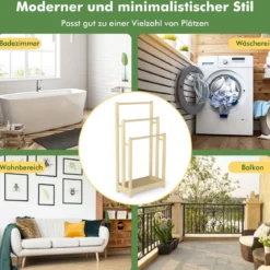 Freistehender Handtuchhalter aus Holz mit 3 Handtuchstangen & Unterer Ablage & Kippschutz